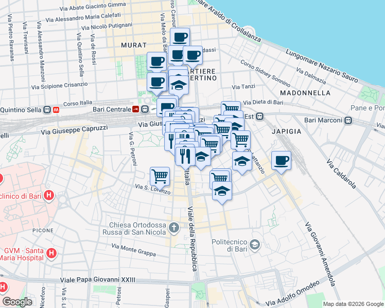 map of restaurants, bars, coffee shops, grocery stores, and more near 42/44/46 Viale Unità d'Italia in Bari