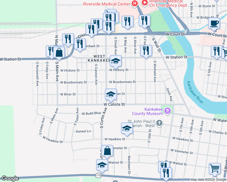 map of restaurants, bars, coffee shops, grocery stores, and more near 580 South Curtis Avenue in Kankakee