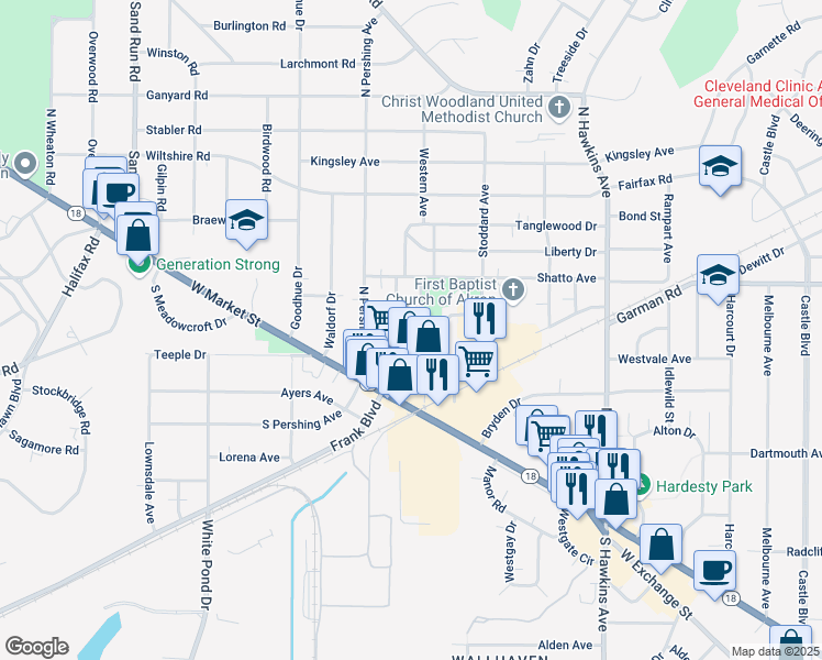 map of restaurants, bars, coffee shops, grocery stores, and more near 64 Greencrest Terrace in Akron