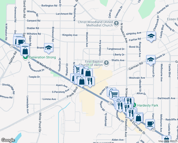 map of restaurants, bars, coffee shops, grocery stores, and more near 103 Western Avenue in Akron