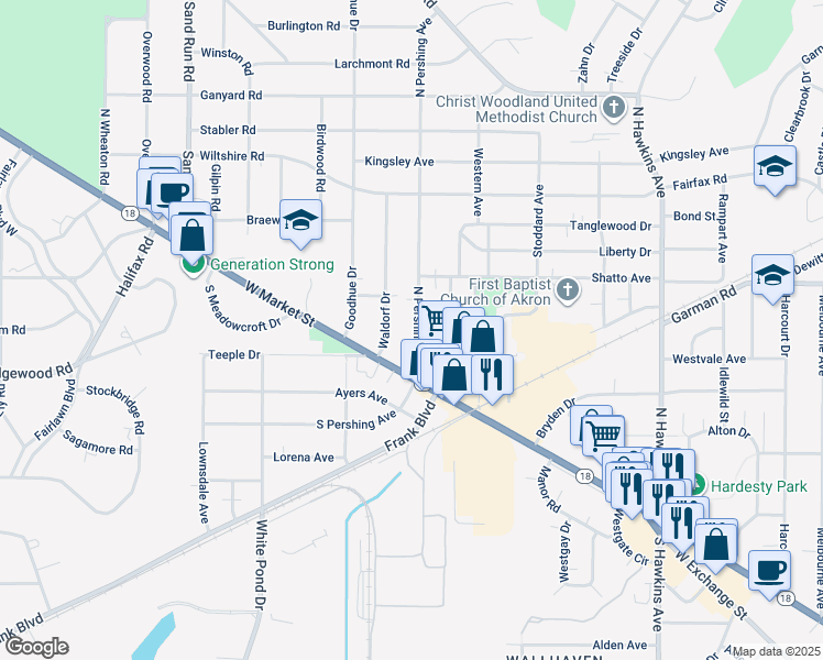 map of restaurants, bars, coffee shops, grocery stores, and more near 58 North Pershing Avenue in Akron