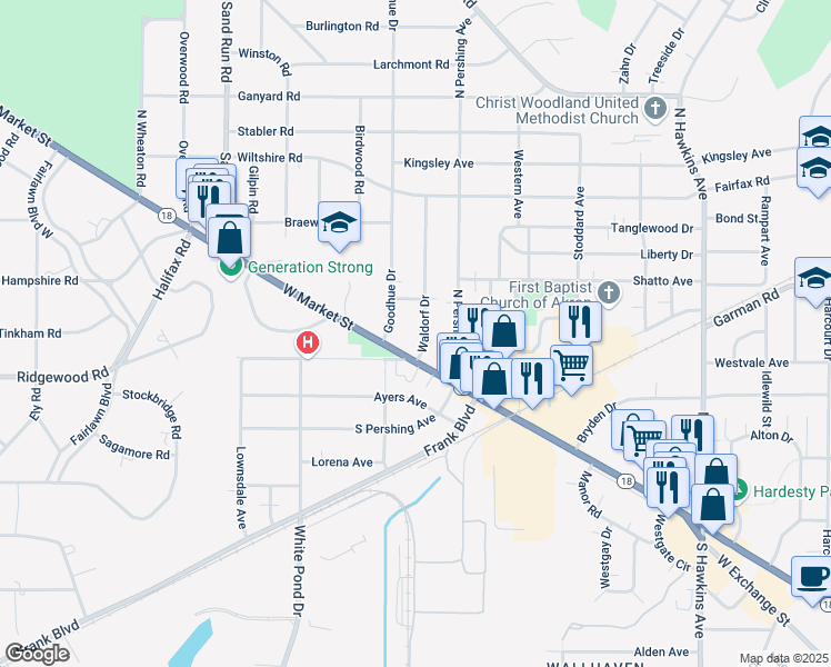 map of restaurants, bars, coffee shops, grocery stores, and more near 32 Waldorf Drive in Akron