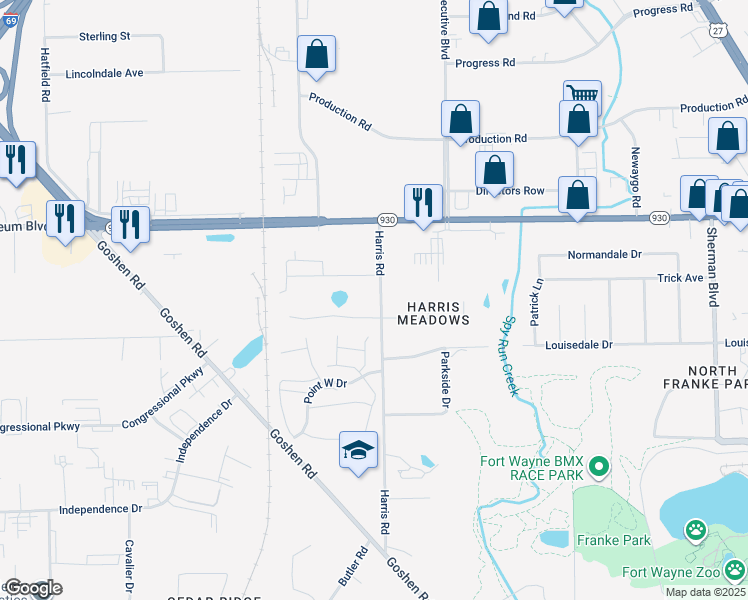 map of restaurants, bars, coffee shops, grocery stores, and more near 4115 Harris Road in Fort Wayne