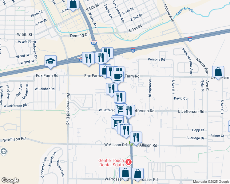 map of restaurants, bars, coffee shops, grocery stores, and more near 218 South Greeley Highway in Cheyenne
