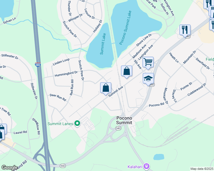 map of restaurants, bars, coffee shops, grocery stores, and more near 2302 Winchester Road in Pocono Summit