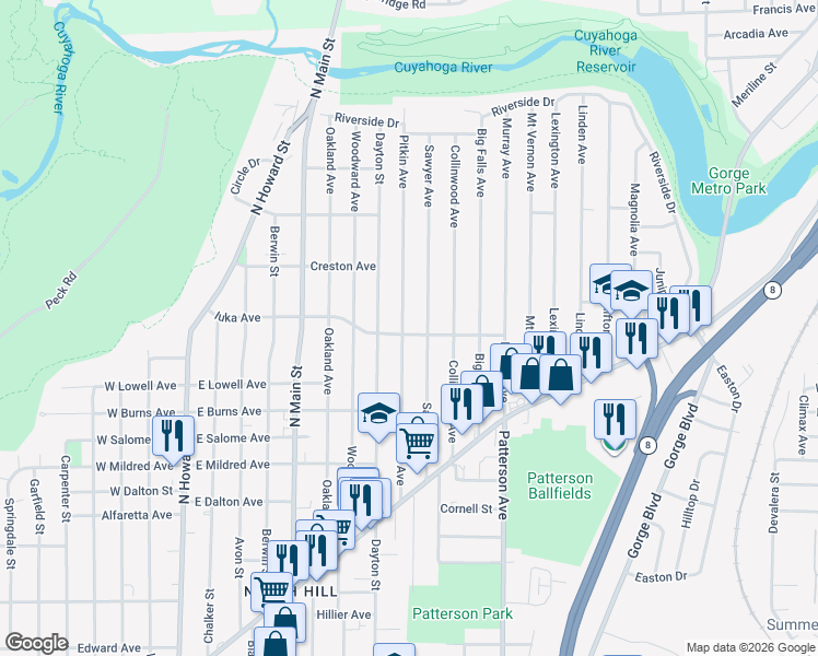 map of restaurants, bars, coffee shops, grocery stores, and more near 1086 Sawyer Avenue in Akron