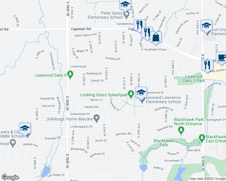 map of restaurants, bars, coffee shops, grocery stores, and more near 13009 Courtney Drive in Bellevue