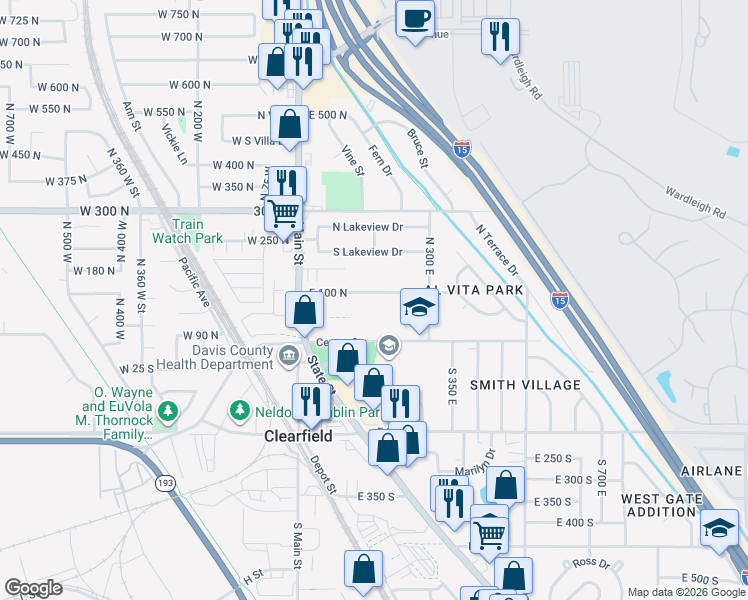 map of restaurants, bars, coffee shops, grocery stores, and more near 182 East 100 North in Clearfield