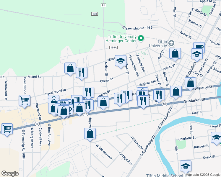 map of restaurants, bars, coffee shops, grocery stores, and more near 278 Wentz Street in Tiffin