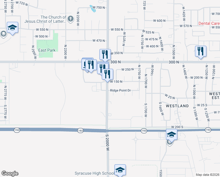 map of restaurants, bars, coffee shops, grocery stores, and more near 114 North 2000 West in West Point
