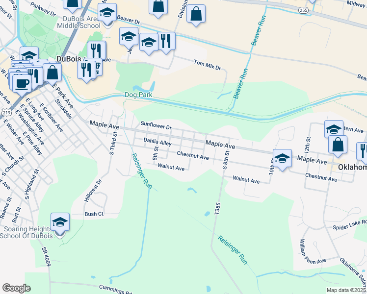 map of restaurants, bars, coffee shops, grocery stores, and more near 71 South 6th Street in DuBois