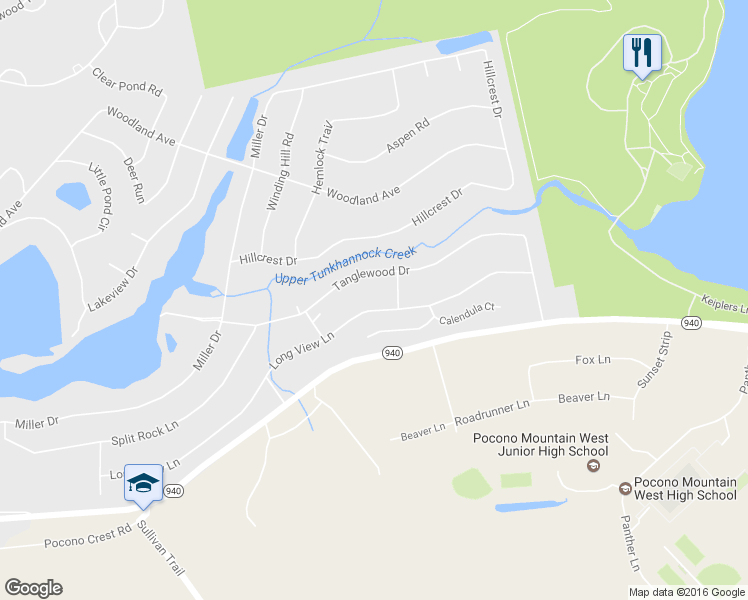 map of restaurants, bars, coffee shops, grocery stores, and more near 73 Long View Lane in Pocono Pines