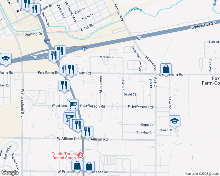 map of restaurants, bars, coffee shops, grocery stores, and more near 242 South Avenue B-6 in Cheyenne