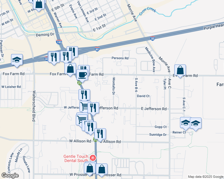 map of restaurants, bars, coffee shops, grocery stores, and more near 411 East Fox Farm Road in Cheyenne