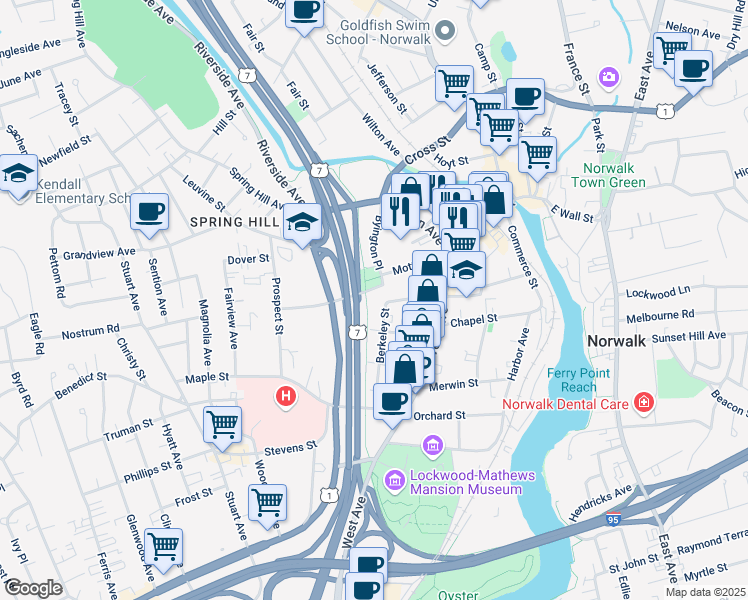 map of restaurants, bars, coffee shops, grocery stores, and more near 15 Berkeley Street in Norwalk