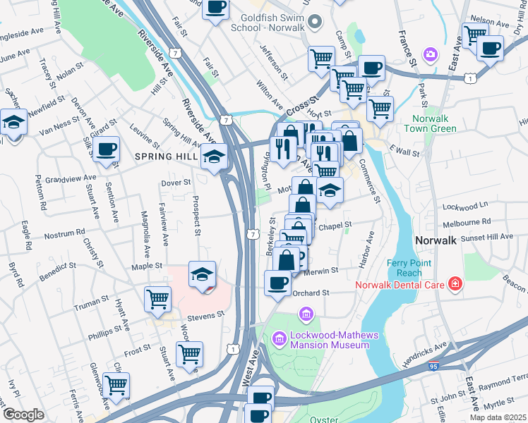 map of restaurants, bars, coffee shops, grocery stores, and more near 15 Berkeley Street in Norwalk
