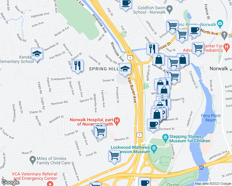 map of restaurants, bars, coffee shops, grocery stores, and more near 22 Bedford Avenue in Norwalk