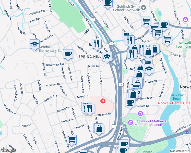 map of restaurants, bars, coffee shops, grocery stores, and more near 18 Fairview Avenue in Norwalk