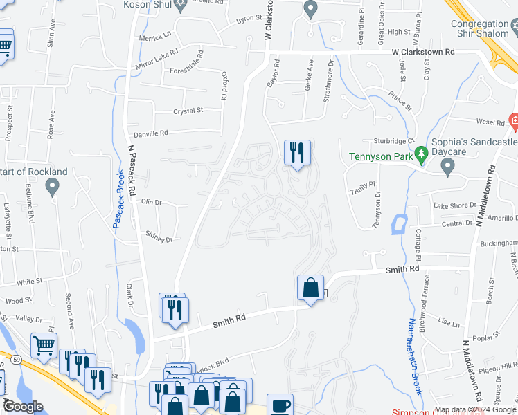 map of restaurants, bars, coffee shops, grocery stores, and more near 29 Vista Drive in Nanuet