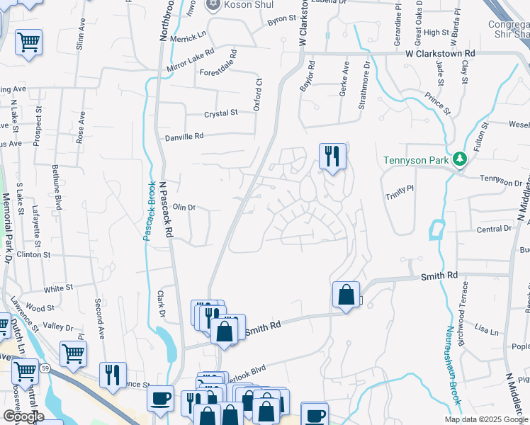 map of restaurants, bars, coffee shops, grocery stores, and more near 21 Kings Court in Nanuet