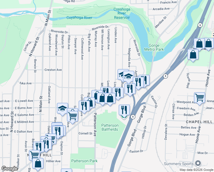 map of restaurants, bars, coffee shops, grocery stores, and more near 1085 Mount Vernon Avenue in Akron