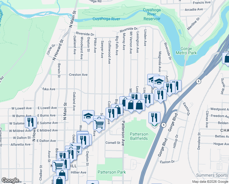 map of restaurants, bars, coffee shops, grocery stores, and more near 1087 Collinwood Avenue in Akron