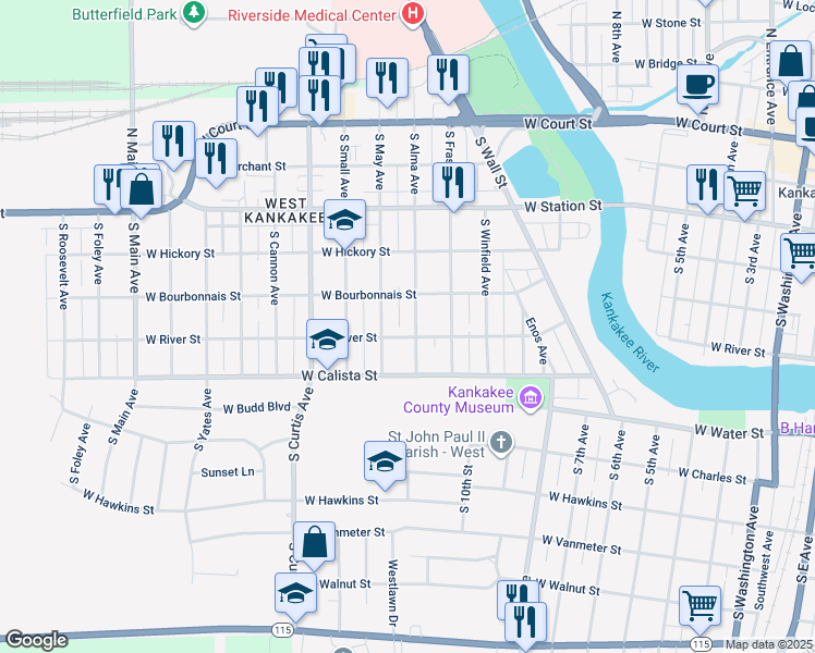 map of restaurants, bars, coffee shops, grocery stores, and more near 595 South Alma Avenue in Kankakee