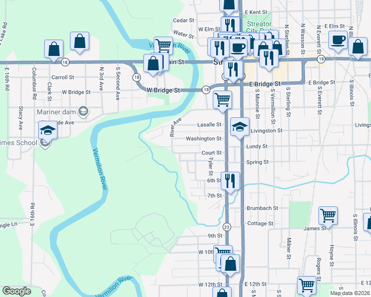map of restaurants, bars, coffee shops, grocery stores, and more near 310 Court Street in Streator