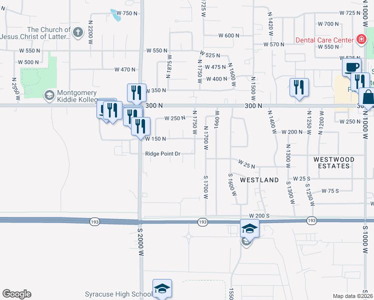 map of restaurants, bars, coffee shops, grocery stores, and more near 1784 Ridge Point Drive in West Point
