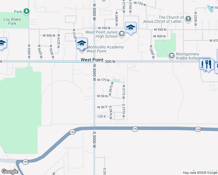 map of restaurants, bars, coffee shops, grocery stores, and more near 121 North 2875 West in West Point