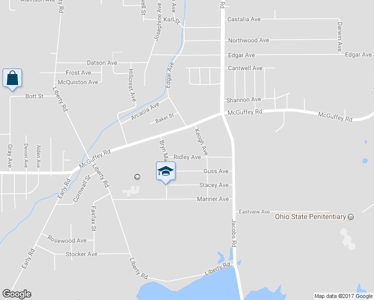 map of restaurants, bars, coffee shops, grocery stores, and more near 2850 Ridley Avenue in Youngstown