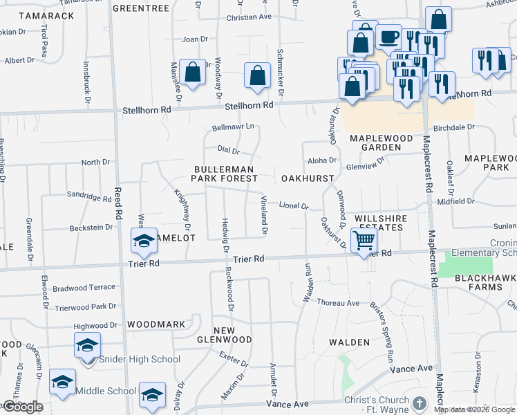 map of restaurants, bars, coffee shops, grocery stores, and more near 4010 Thorton Drive in Fort Wayne