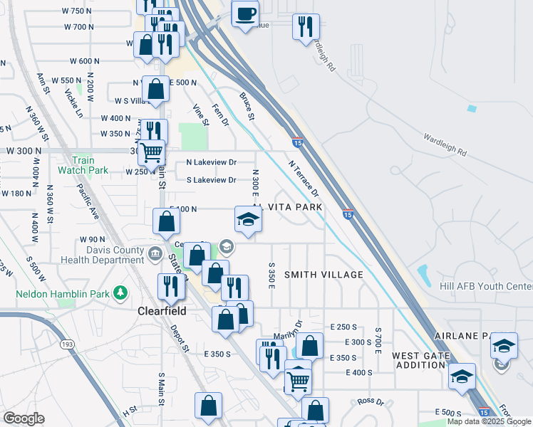 map of restaurants, bars, coffee shops, grocery stores, and more near 328 East 100 North in Clearfield