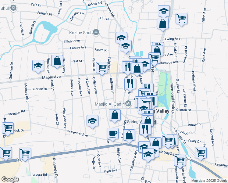 map of restaurants, bars, coffee shops, grocery stores, and more near 10 Hoyt Street in Spring Valley