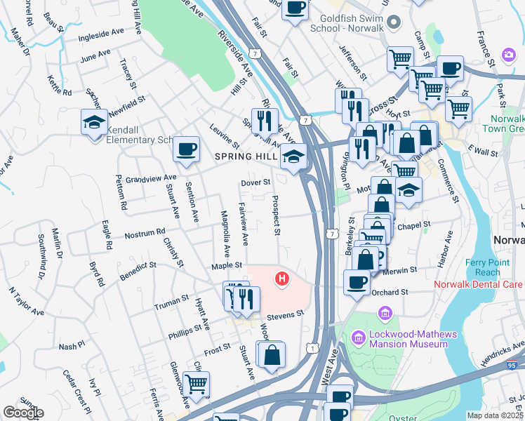 map of restaurants, bars, coffee shops, grocery stores, and more near 18 Fairview Avenue in Norwalk