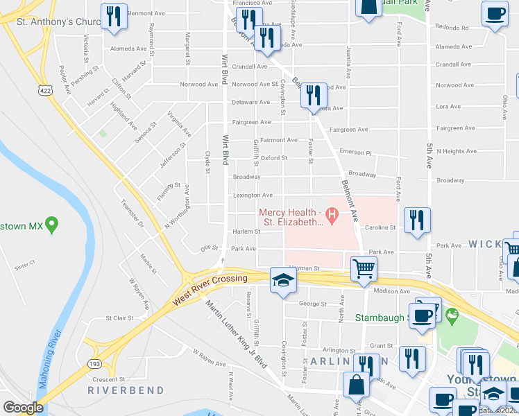 map of restaurants, bars, coffee shops, grocery stores, and more near 738 Parmalee Avenue in Youngstown