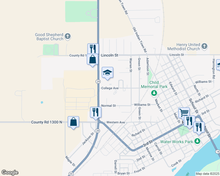 map of restaurants, bars, coffee shops, grocery stores, and more near 1023 College Avenue in Henry