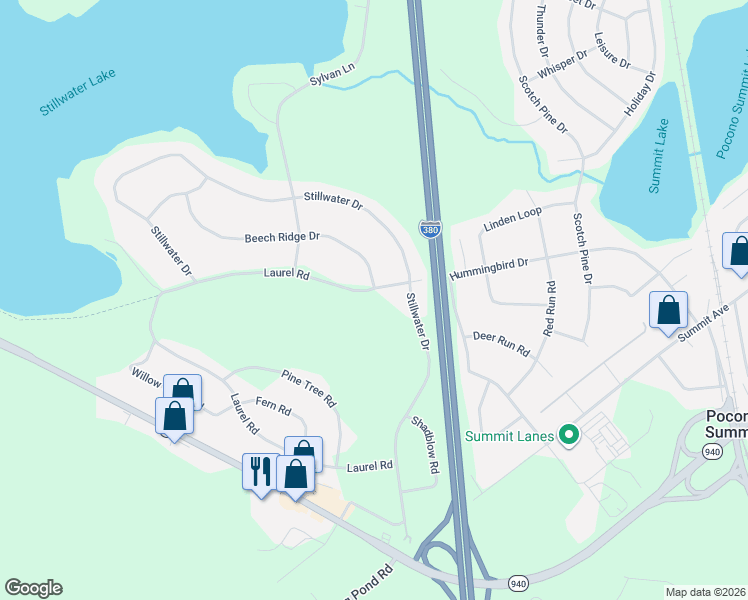 map of restaurants, bars, coffee shops, grocery stores, and more near 518 Woodland Dr in East Stroudsburg