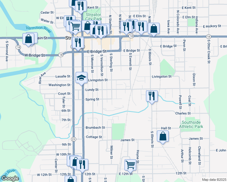 map of restaurants, bars, coffee shops, grocery stores, and more near 503 South Sterling Street in Streator