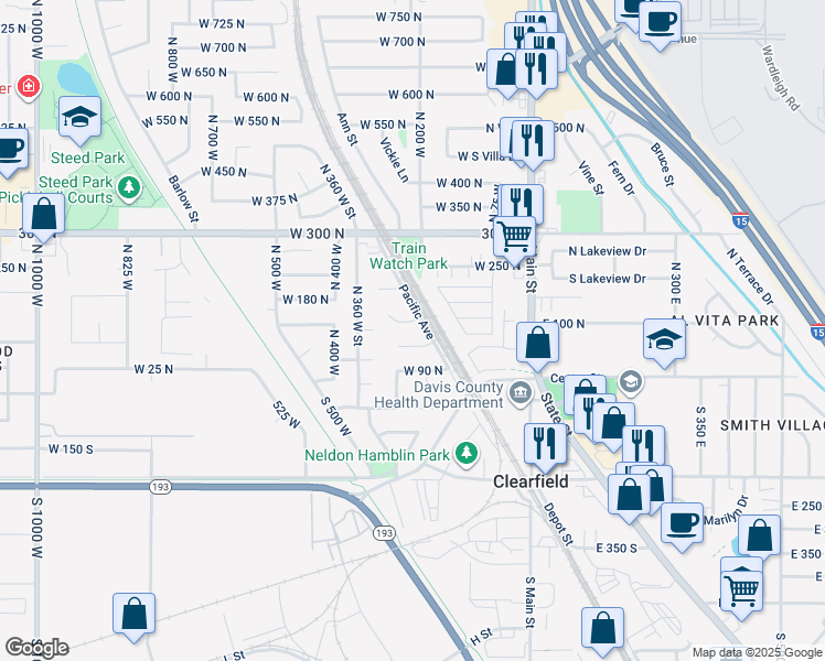 map of restaurants, bars, coffee shops, grocery stores, and more near 272 West 160 North in Clearfield