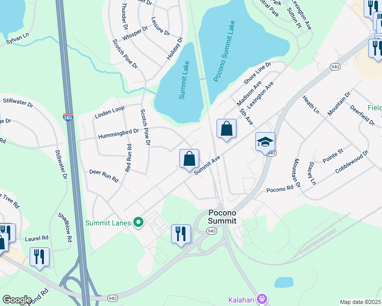 map of restaurants, bars, coffee shops, grocery stores, and more near 2302 Winchester Road in Pocono Summit
