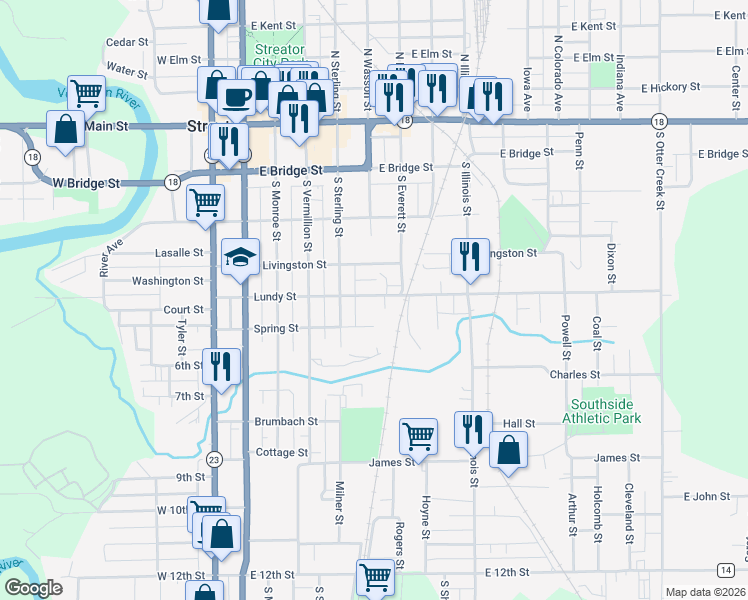 map of restaurants, bars, coffee shops, grocery stores, and more near 515 Lundy Street in Streator