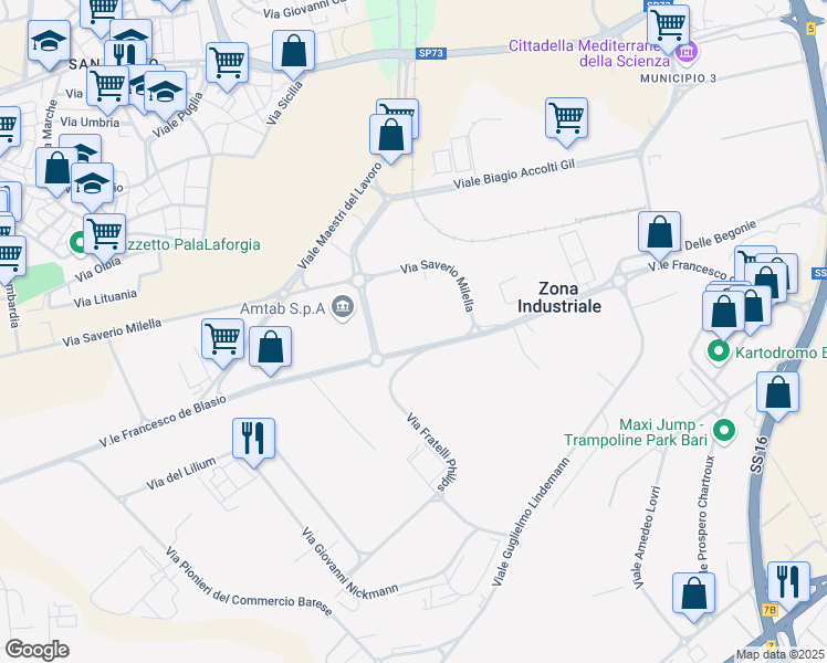 map of restaurants, bars, coffee shops, grocery stores, and more near 22 Viale Francesco de Blasio in Zona Industriale