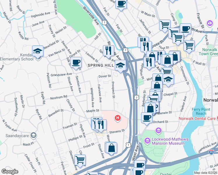 map of restaurants, bars, coffee shops, grocery stores, and more near 18 Fairview Avenue in Norwalk