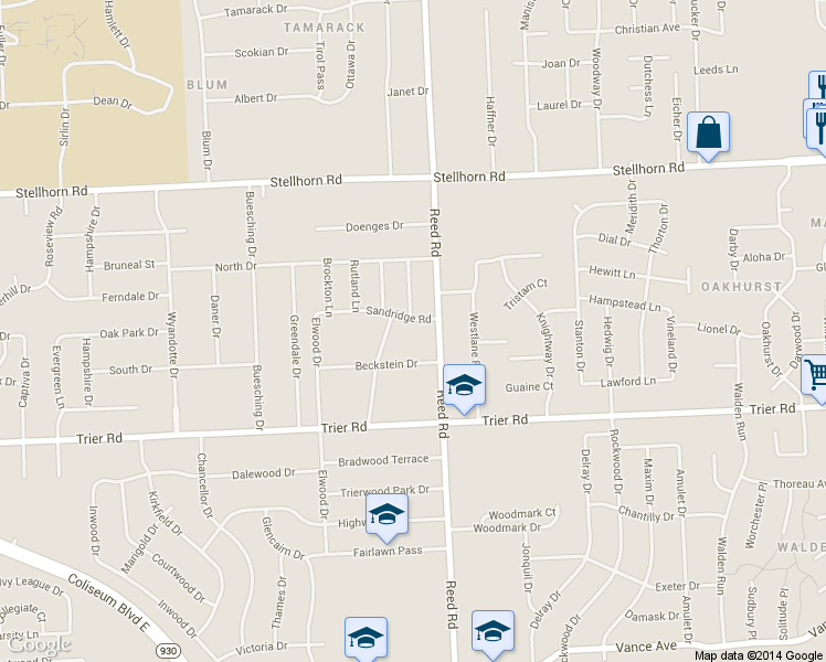 map of restaurants, bars, coffee shops, grocery stores, and more near 4646 Sandridge Road in Fort Wayne
