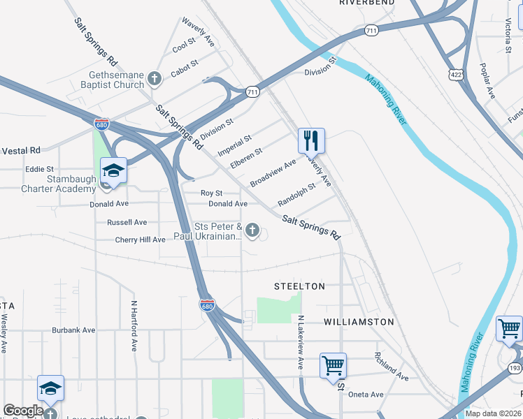 map of restaurants, bars, coffee shops, grocery stores, and more near 1204 Salt Springs Road in Youngstown