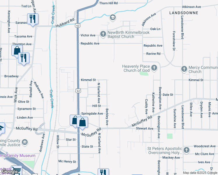 map of restaurants, bars, coffee shops, grocery stores, and more near 1111 Berkley Avenue in Youngstown