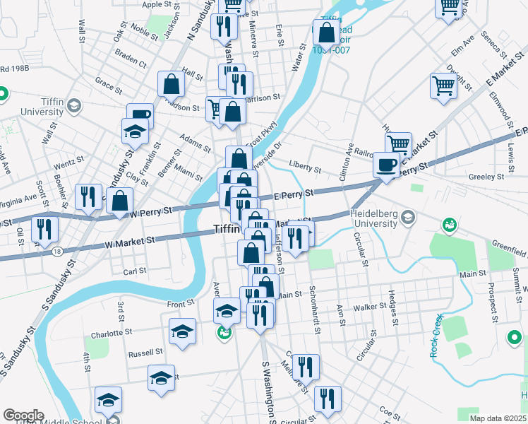map of restaurants, bars, coffee shops, grocery stores, and more near Court Street in Tiffin