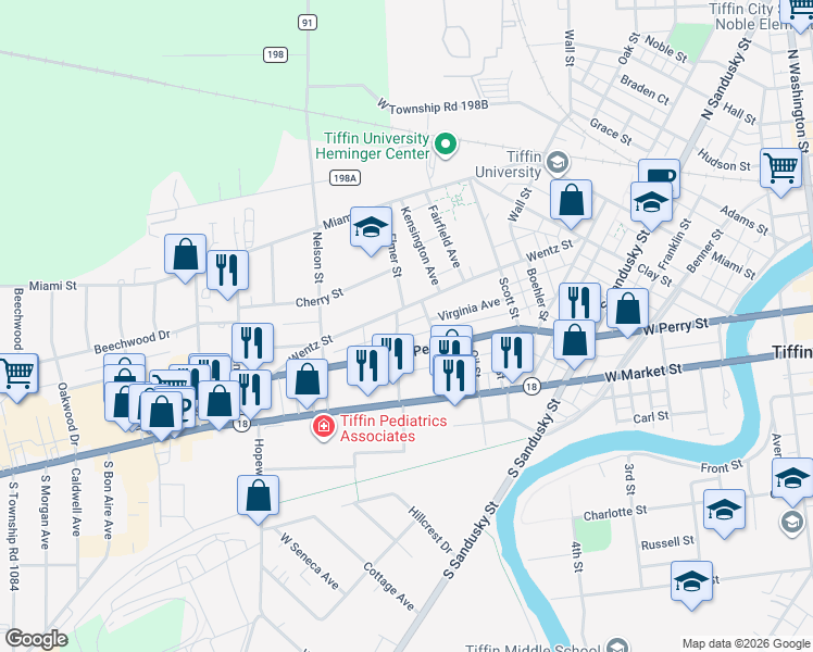 map of restaurants, bars, coffee shops, grocery stores, and more near 74 Elmer Street in Tiffin