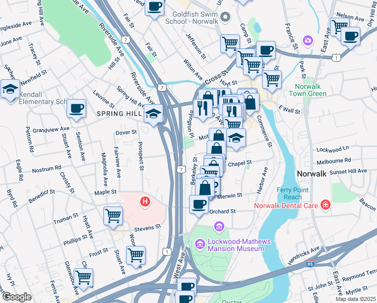 map of restaurants, bars, coffee shops, grocery stores, and more near 5 Union Park South in Norwalk